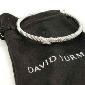 DAVID YURMAN Sterling Silver 4mm Classic Cable X Diamonds Bangle Bracelet LARGE